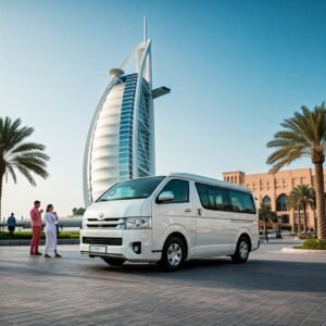 A stunning image of a white Toyota Hiace parked near the iconic Burj Al Arab hotel in Dubai. Tourists can be seen taking pictures in front of the hotel, capturing the vibrant atmosphere of the city. The image showcases the luxurious and spacious interior of the Toyota Hiace, perfect for group travel and sightseeing in Dubai. offer by MY bus rental dubai
